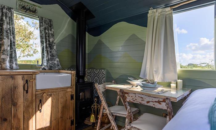 Interior of Angharad - Brook Cottage Shepherd Huts